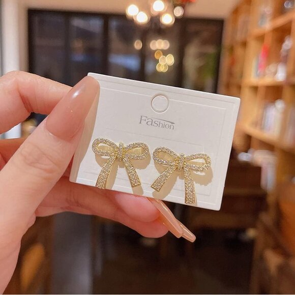 Minimalist 14K Gold Plated Bow Knot Cubic Zirconia Huggie Earrings for Women, El - Picture 2 of 6